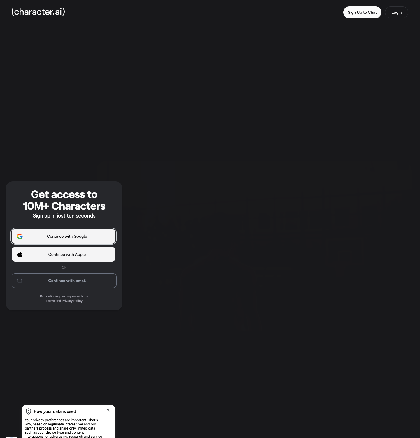 Character.AI homepage with its cookie-consent modal open, July 2026